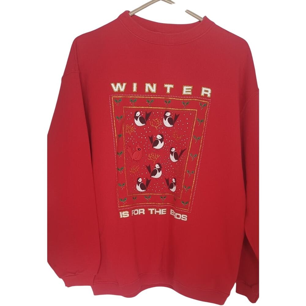 Vintage 90s Red Manhattan Plaza "Winter is for the Birds" Sweatshirt, Size Large